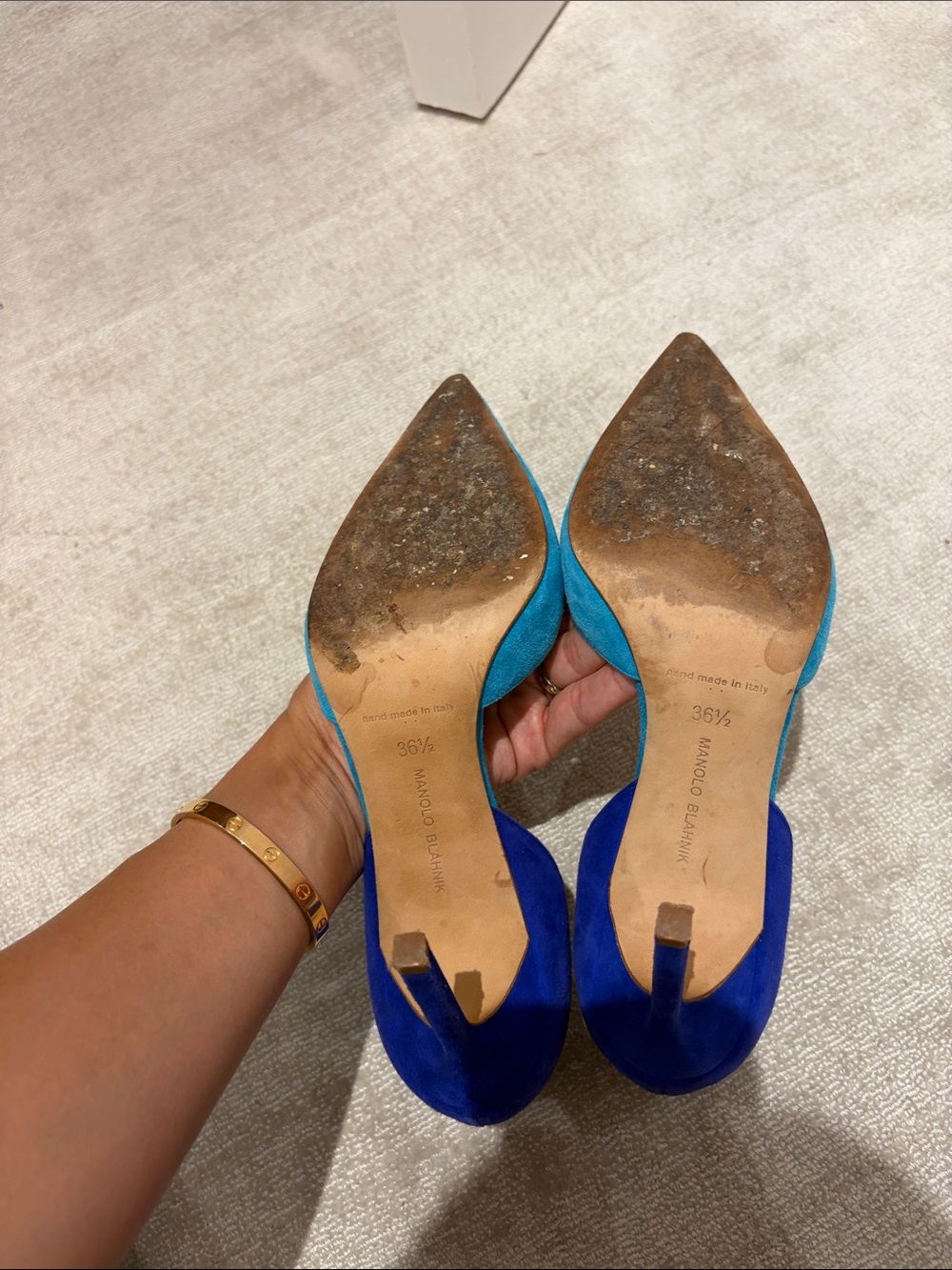 Manolo Blahnik Turquoise and Cobalt D'Orsay Pointed-Toe Pumps - Picture 5 of 5